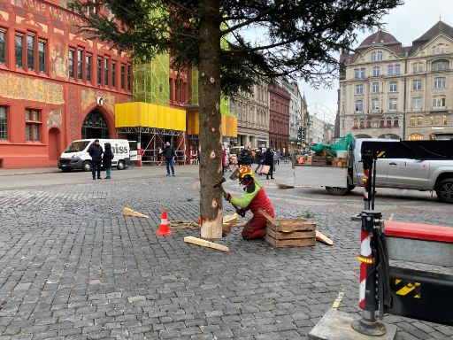 Aufstellen der Tanne auf dem Marktplatz im November 2021